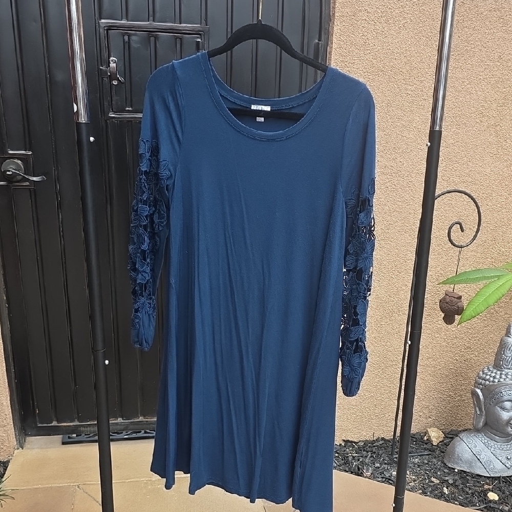 Nue Options Blue A-Line Dress with Lace Long Sleeves